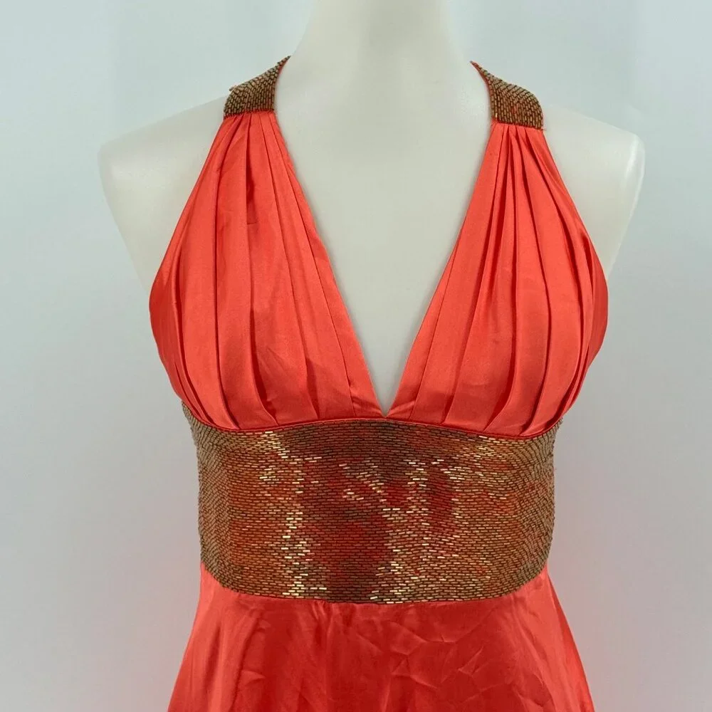 Dave & Johnny By Laura Ryner Coral Halter Dress S Polyester & Spandex V-Neck Bea - Picture 4 of 9